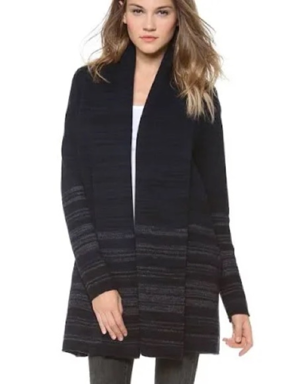 Vince Navy and Gray Striped Open-Front Cardigan wool/yak